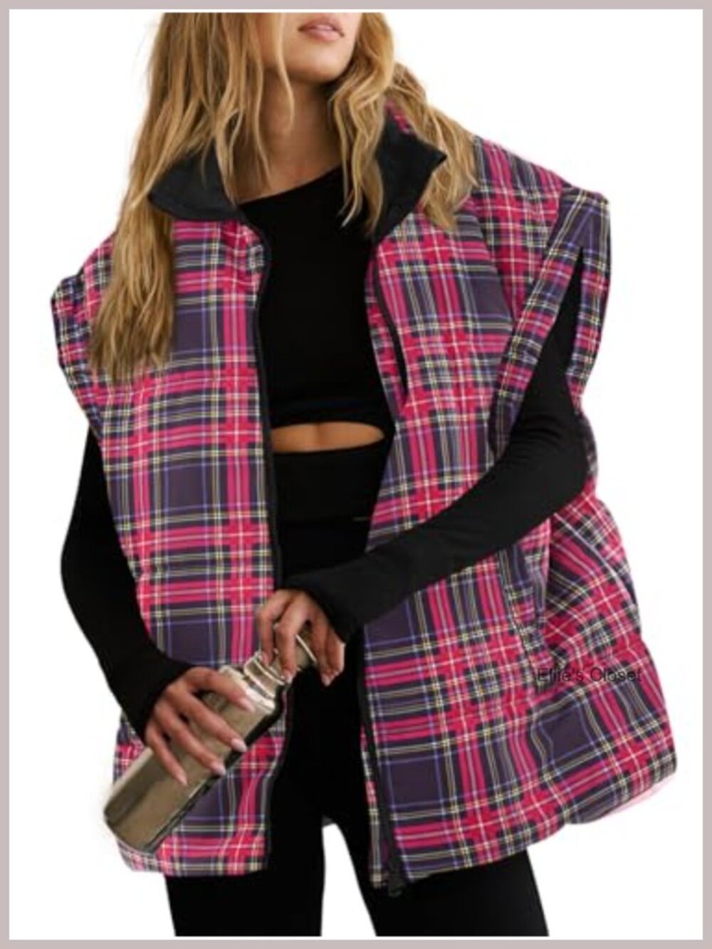 Oversized Quilted Puffer Vest Plaid Floral Cap Sleeve Zip Up Women